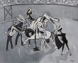 JUAN BARJOLA (Torre de Miguel Sesmero, Badajoz, 1919 - Madrid, 2004).
"Bullfighting".
Oil on canvas.
Signed in the lower right corner.