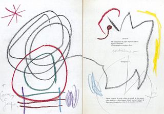 JOAN MIRÓ I FERRÀ (Barcelona, 1893 - Palma de Mallorca, 1983).
Untitled, 1964.
Crayon drawing made on the double page of the catalog of the exhibition
