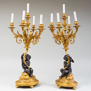 Pair of Patinated Gilt Bronze Six-Light Candelabra