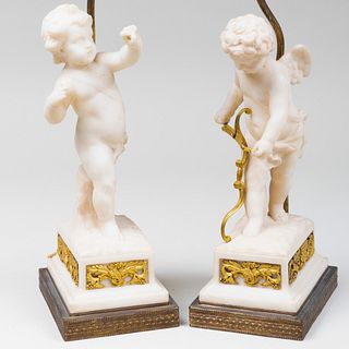 Pair of Gilt Metal Mounted Marble Putti Lamps