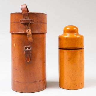 Deutsches Reichsgebrauchsmuster Thermos in a Leather Case and a G. Oldham Dublin Turned Pear Wood Apothecary Container