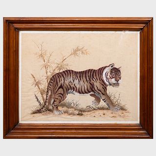 Chinese Silkwork Picture of a Tiger in a Landscape