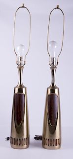 Laurel Mid-Century Brass and Walnut Lamps, Pair