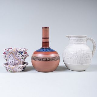 Copeland Molded Pitcher, a Terra Cotta Bottle Vase and a Small Pearlware Jardinere and Underplate