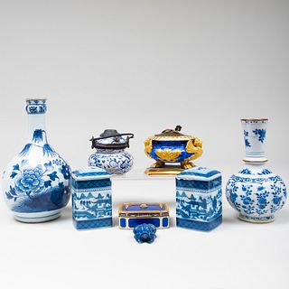 Continental Gilt Enamel Box and a Group of Blue and White Porcelain Articles