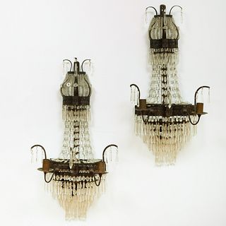 Pair of Cut Glass and Patinated-Metal Two-Light Wall Lights