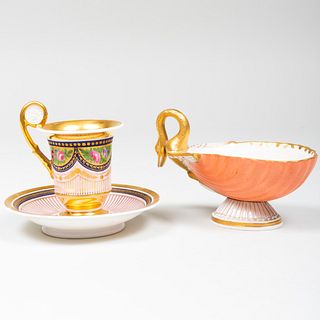 Italian Porcelain Shell Form Sauce Boat and Pink Ground Cabinet Cup and Saucer