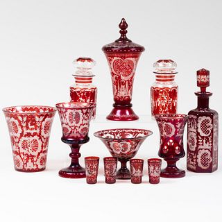 Group of Bohemian Red Overlay Glass Articles