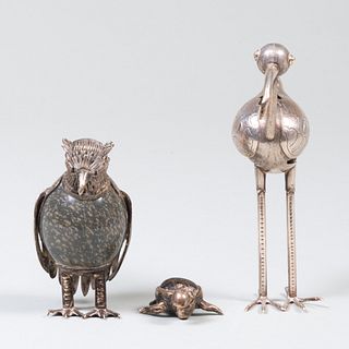 Two Mexican Silver-Mounted Hardstone Models of Birds 