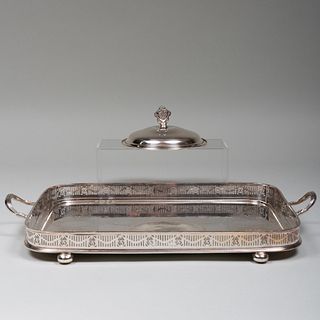 Silver Plate Two Handle Tray and a Dish Cover