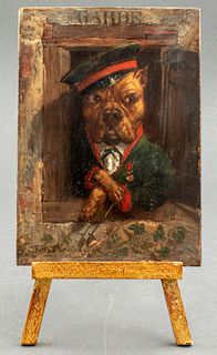 Illegibly Signed "Dog in a Hat" Oil on Panel