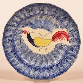 Blue Spatter Rooster Peafowl Paneled Plate.