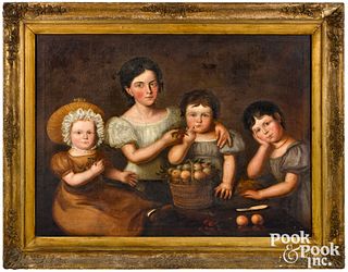 American oil on canvas of four children, ca. 1830