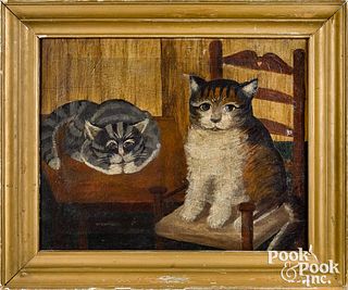 Primitive oil on canvas interior with two cats