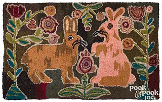 American hooked rug, 20th c., with rabbits, 28" x