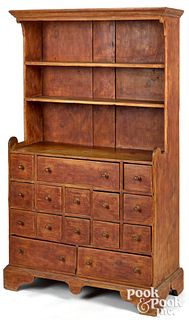 Stained pine stepback cupboard, ca. 1800
