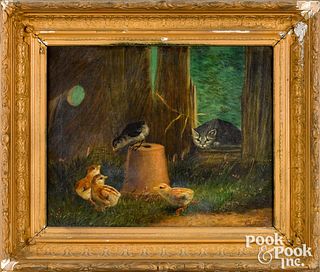Oil on canvas of four chicks and a cat, ca. 1900
