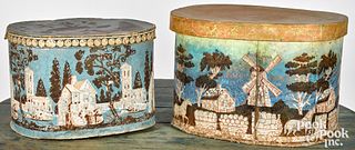Two wallpaper hat boxes, mid 19th c.
