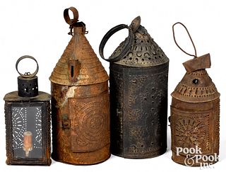 Four punched tin lanterns, 19th c., tallest - 15".