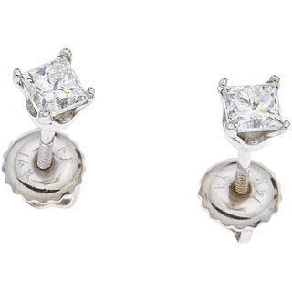 PAIR OF STUD EARRINGS WITH DIAMONDS IN 14K WHITE GOLD 2 Princess cut diamonds ~0.48 ct Clarity: SI2-I1 Color: J-K
