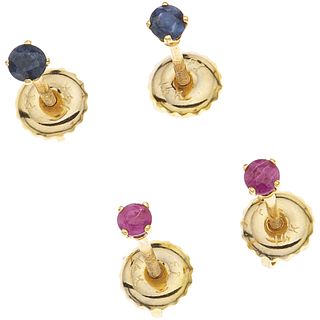 TWO PAIRS OF STUD EARRINGS WITH SAPPHIRES AND RUBIES IN 14K YELLOW GOLD Round cut sapphires ~0.12 ct and round cut rubies ~0.12 ct