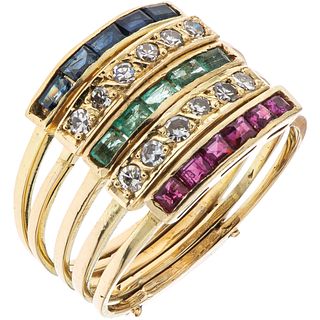 RING WITH EMERALDS, RUBIES, SAPPHIRES AND DIAMONDS IN 14K YELLOW GOLD Rectangular cut precious gemstones ~0.60 ct and diamonds