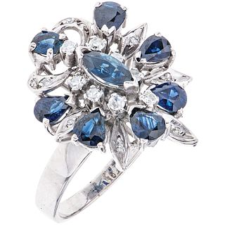 RING WITH SAPPHIRES AND DIAMONDS IN PALLADIUM SILVER Marquise, pearl, oval cut sapphires ~1.70ct, 8x8 cut diamonds ~0.30 ct. Size:9