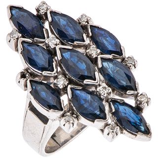 RING WITH SAPPHIRES AND DIAMONDS IN PALLADIUM SILVER Marquise cut sapphires ~2.70 ct, 8x8 cut diamonds ~0.10 ct. Size: 9
