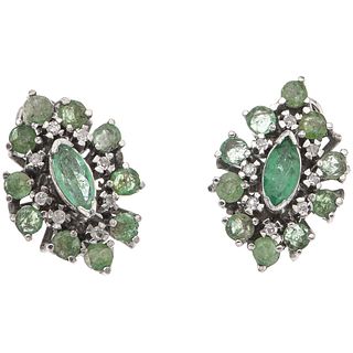 PAIR OF EARRINGS WITH EMERALDS AND DIAMONDS IN PALLADIUM SILVER Marquise, round, cabochon cut emeralds~1.70ct, 8x8 cut diamonds