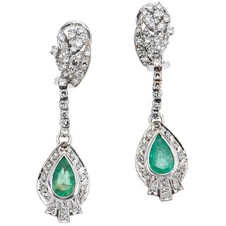 PAIR OF EARRINGS WITH EMERALDS AND DIAMONDS IN PALLADIUM SILVER Pear cut emeralds ~1.50 ct, 8x8 cut diamonds ~0.80 ct