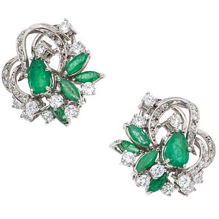 PAIR OF EARRINGS WITH EMERALDS AND DIAMONDS IN PALLADIUM SILVER Pear and marquise cut emeralds~2.0 ct, brilliant and 8x8 ctu diamonds