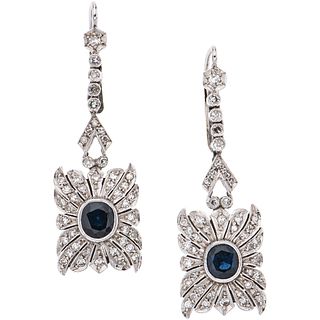 PAIR OF EARRINGS WITH SAPPHIRES AND DIAMONDS 10K WHITE GOLD Oval cut sapphires~0.80 ct, 8x8 cut diamonds ~0.80 ct