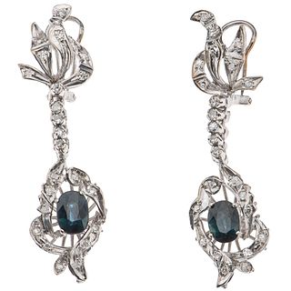 PAIR OF EARRINGS WITH SAPPHIRES AND DIAMONDS IN PALLADIUM SILVER Oval cut sapphires ~0.70 ct, 8x8 cut diamonds ~0.50 ct