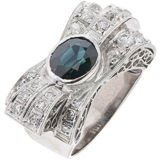 RING WITH SAPPHIRE AND DIAMONDS IN PALLADIUM SILVER 1 Oval cut sapphire ~1.10 ct, antique and 8x8 cut diamonds ~0.50 ct. Size: 6 ½