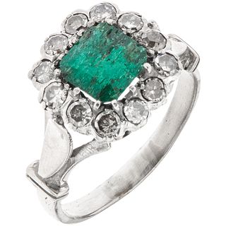 RING WITH EMERALD AND DIAMONDS IN PALLADIUM SILVER, Octagonal cut quarry emerald ~ 0.80ct, 8x8 cut diamonds. Size: 8¾