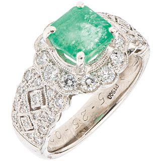 RING WITH EMERALD AND DIAMONDS IN PLATINUM Octagonal cut emerald ~1.0 ct, Brilliant cut diamonds ~0.50 ct. Size: 6 ½