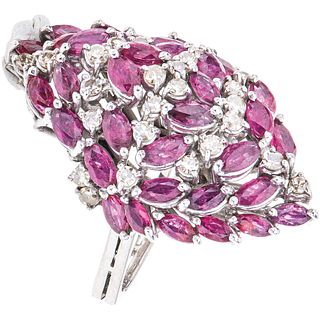 RING WITH RUBIES AND DIAMONDS IN PALLADIUM SILVER Marquise cut rubies ~3.60 ct, 8x8 cut diamonds ~0.75 ct. Size: 6 ½