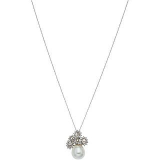 NECKLACE AND PENDANT WITH "CALABAZO" PEARL AND DIAMONDS IN 14K WHITE GOLD 1 "calabazo" gray colored pearl, 8x8 cut diamonds ~1.0 ct