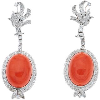 PAIR OF EARRINGS WITH CORALS AND DIAMONDS IN 14K WHITE GOLD Orange corals, Brilliant and 8x8 cut diamonds ~1.80 ct