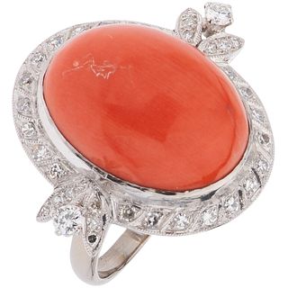 RING WITH CORAL AND DIAMONDS IN 14K WHITE GOLD Orange coral, Brillante and 8x8 cut diamonds ~0.50 ct. Size: 7 ½