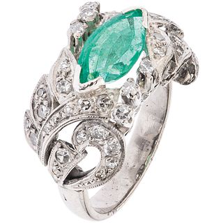 RING WITH EMERALD AND DIAMONDS IN PALLADIUM SILVER 1 Marquise cut emerald ~ 1.10 ct, 8x8 cut diamonds ~0.40 ct. Size: 6 ½