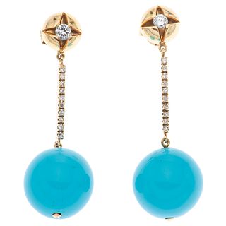 PAIR OF EARRINGS WITH TURQUOISES AND DIAMONDS IN 14K YELLOW GOLD Turquoise beads, Brilliant and 8x8 cut diamonds ~0.30 ct