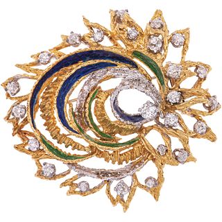 BROOCH WITH DIAMONDS AND ENAMEL IN 18K WHITE AND YELLOW GOLD WITH PIN IN PALLADIUM SILVER Diamonds in different cuts ~2.20 ct