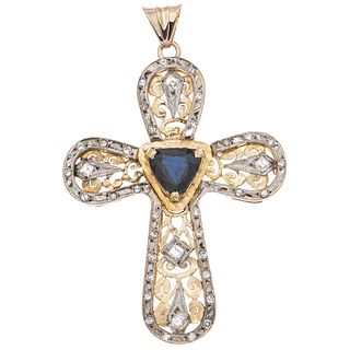 CROSS WITH SAPPHIRE AND DIAMONDS IN 8K YELLOW GOLD AND PALLADIUM SILVER Trillion cut sapphire ~2.50 ct, different cut diamonds