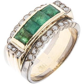 RING WITH EMERALDS AND DIAMONDS IN 18K YELLOW GOLD AND PALLADIUM SILVER Emeralds ~0.80 ct and diamonds ~0.40 ct. Weight: 11.3 g
