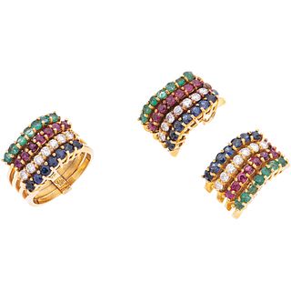 SET OF RING AND PAIR OF EARRINGS WITH EMERALDS, RUBIES, SAPPHIRES AND DIAMONDS IN 14K YELLOW GOLD  Weight: 25.3 g