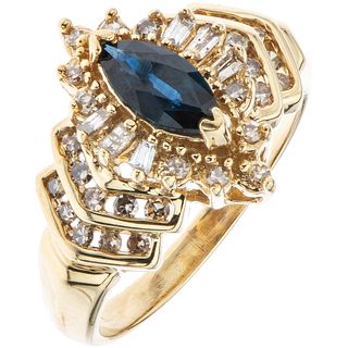 RING WITH SAPPHIRE AND DIAMONDS IN 10K YELLOW GOLD 1 Marquise cut diamond ~0.30 ct, different cut diamonds. Size: 7