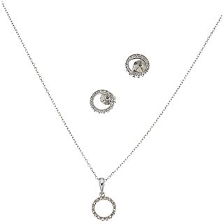SET OF NECKLACE, PENDANT AND PAIR OF STUD EARRINGS WITH DIAMONDS IN 14K WHITE GOLD 8x8 cut diamonds ~0.15 ct