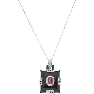 CHOKER AND PENDANT WITH RUBY, ONYX AND DIAMONDS IN 18K AND 14K WHITE GOLD Oval cut ruby~2.95 ct, diamonds ~0.75 ct and onyx