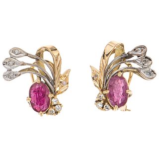 PAIR OF EARRINGS WITH RUBIES AND DIAMONDS IN 14K YELLOW GOLD AND PALLADIUM SILVER Oval cut rubies ~0.70ct, 8x8 cut diamonds~0.14ct